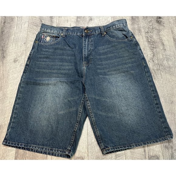 VTG Phat Farm Shorts Mens 38 Blue Denim Baggy Embroidered Hip Hop Y2K Jnco Style - Picture 1 of 12